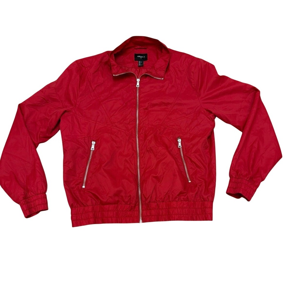 Forever 21 Red Windbreaker Jacket Men Large Full Zip Ripstop Lightweight L